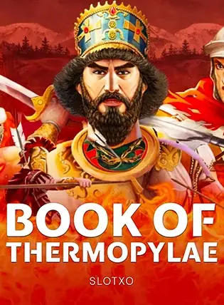Book of Thermopylae สังกัด SLOTXO รูปนักรบสวมหมวกเกราะสีแดงส้ม