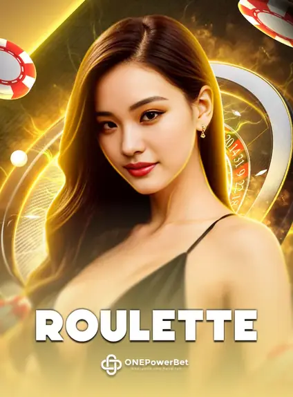 ปกเกม ROULETTE จาก ONEPowerBet ดีลเลอร์หญิงกับวงล้อรูเล็ตบนพื้นทอง