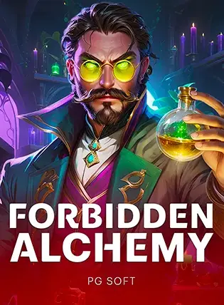 ภาพนักเล่นแร่แปรธาตุตาเรืองสีเขียว Forbidden Alchemy ค่าย PG SOFT
