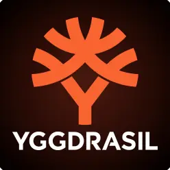 สัญลักษณ์ค่ายเกม Yggdrasil สีส้มบนพื้นดำ